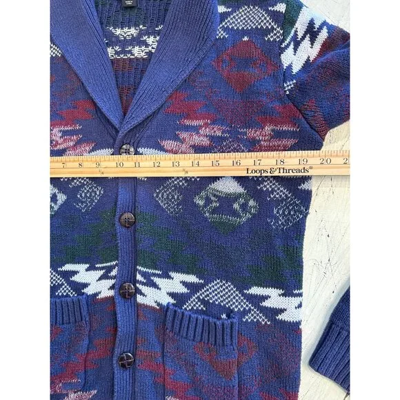 Adam Levine Mens' Medium Shawl Collar Cardigan Blue Multicolor Aztec Print - Picture 4 of 7
